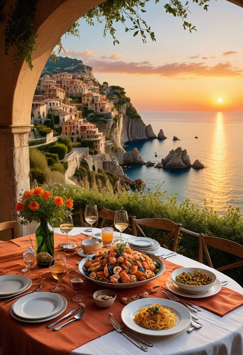 An elegant dining table set near a picturesque Italian coast, adorned with gourmet dishes showcasing seafood and fine pasta, accompanied by a bottle of vintage wine. A backdrop of enchanting coastal cliffs and a sunset sky reflects warm hues. Include Italian herbs and spices artistically arranged around the dishes. super-realistic. vibrant colors. romantic ambiance.