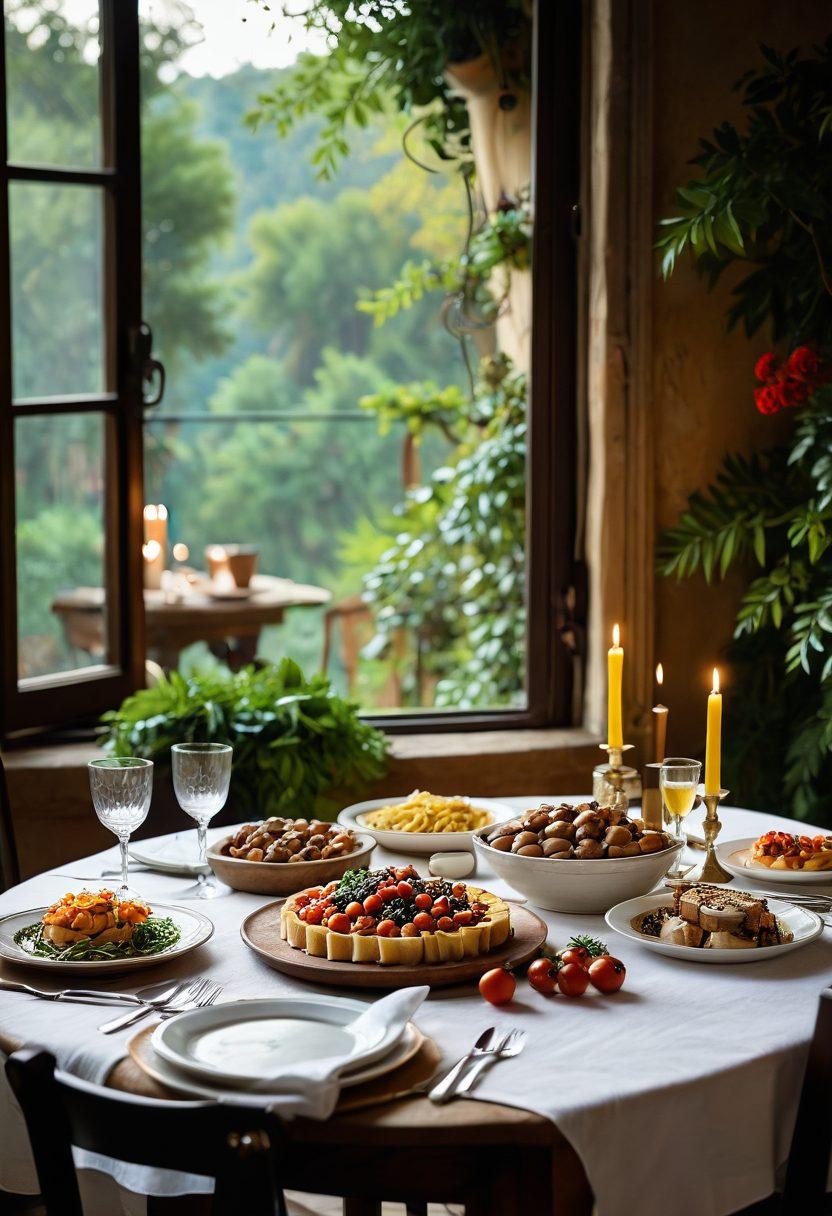 A beautifully set rustic Italian dining table featuring an array of authentic dishes like pasta, bruschetta, and tiramisu, surrounded by greenery and elegant candlelight. In the background, a scenic view of the Italian countryside can be seen through an open window, adding to the charm. The ambiance should feel warm and inviting, with intricate Italian decor hints. super-realistic. vibrant colors. soft focus.