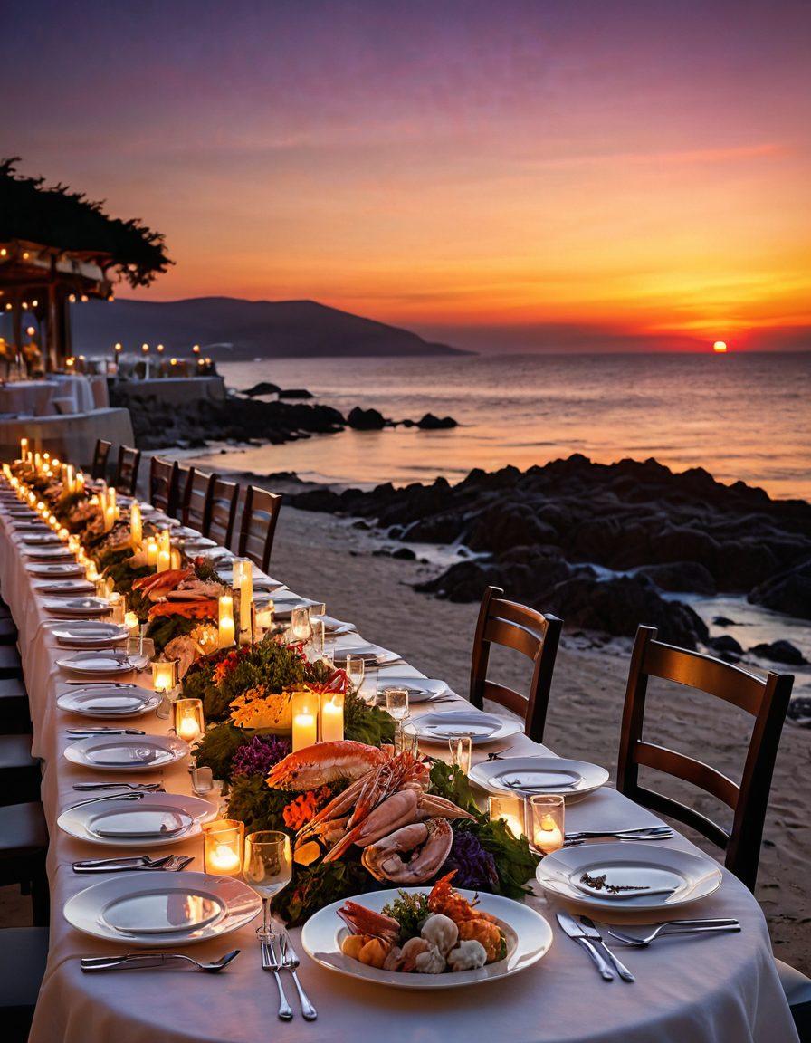 A beautifully set dining table overlooking a serene seaside view, adorned with gourmet seafood dishes artfully arranged on elegant plates. The scene captures the ambiance of a fine dining restaurant, with soft candlelight and ocean waves in the background. Include a colorful sunset casting a warm glow over the scene, enhancing the luxurious and delicious experience. super-realistic. vibrant colors.